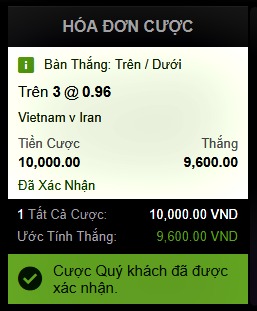 Tài xỉu trận Việt Nam vs Iran tại nhà cái 188bet